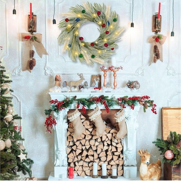 24" Lighted Norfolk Pine  Christmas Wreath with Pampas Pre Lit Multicolor - Picture 5 of 6